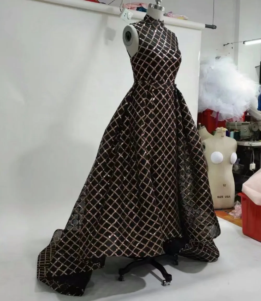 Latest Arab hot High neck Sleeveless Mermaid 2017 Black Long Glitter Dress with Removable A-line Chapel train Overskirts | Свадьбы и