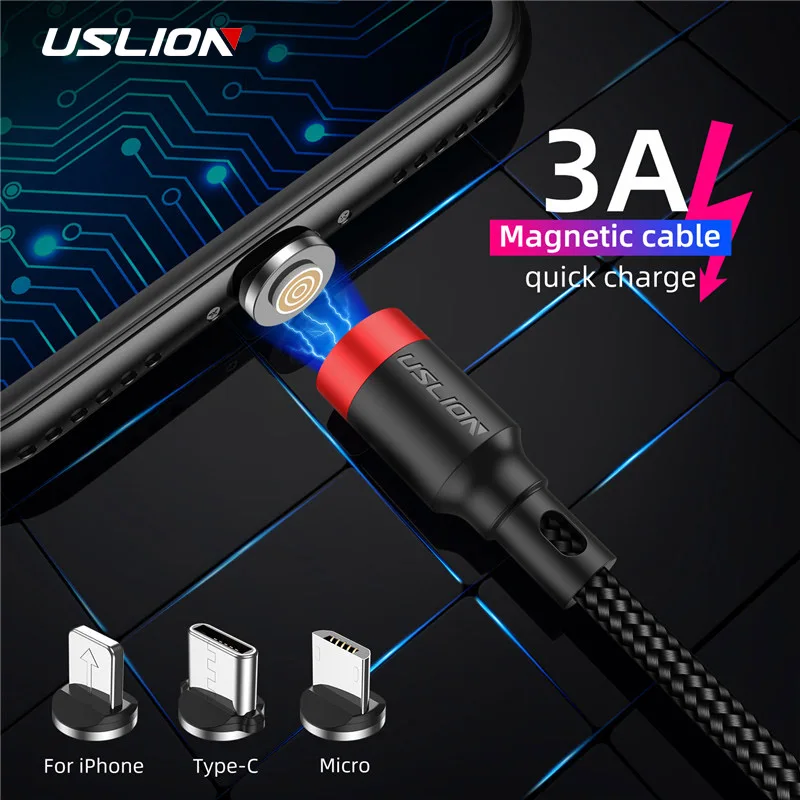 USLION 3A Магнитный кабель для быстрой зарядки Micro USB Type C iPhone Huawei Samsung Xiaomi провод Type-C