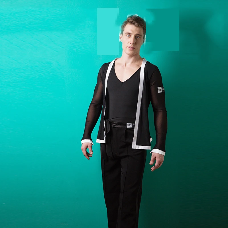 Men Latin Dance Shirt Black V Collar With Coat 2pcs Male Costumes Modern Rumba Chacha Ballroom Wear BL1351 | Тематическая одежда и