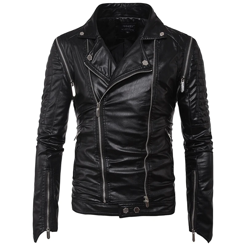 Env для мужчин st стиль для мужчин мульти молния Slim Fit отложной воротник повседневное черное пальто мужской PU мотоциклетная кожаная куртка