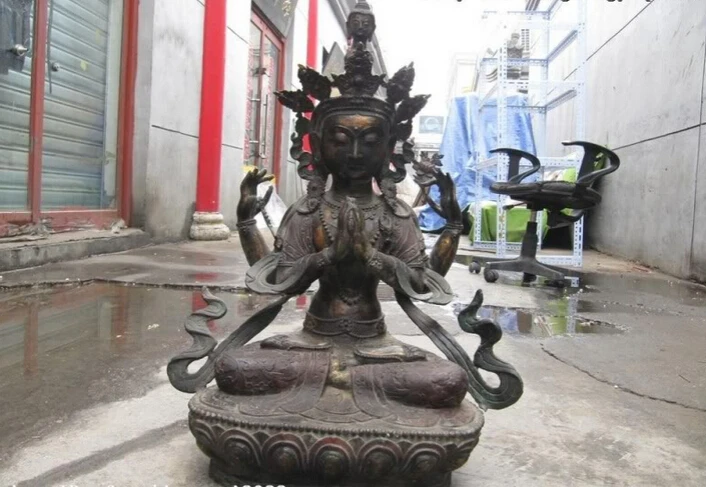 

fast shipping USPS to USA S3149 24 Tibet Folk Fane Old Bronze painted Four-armed Avalokitesvara Buddha Statue
