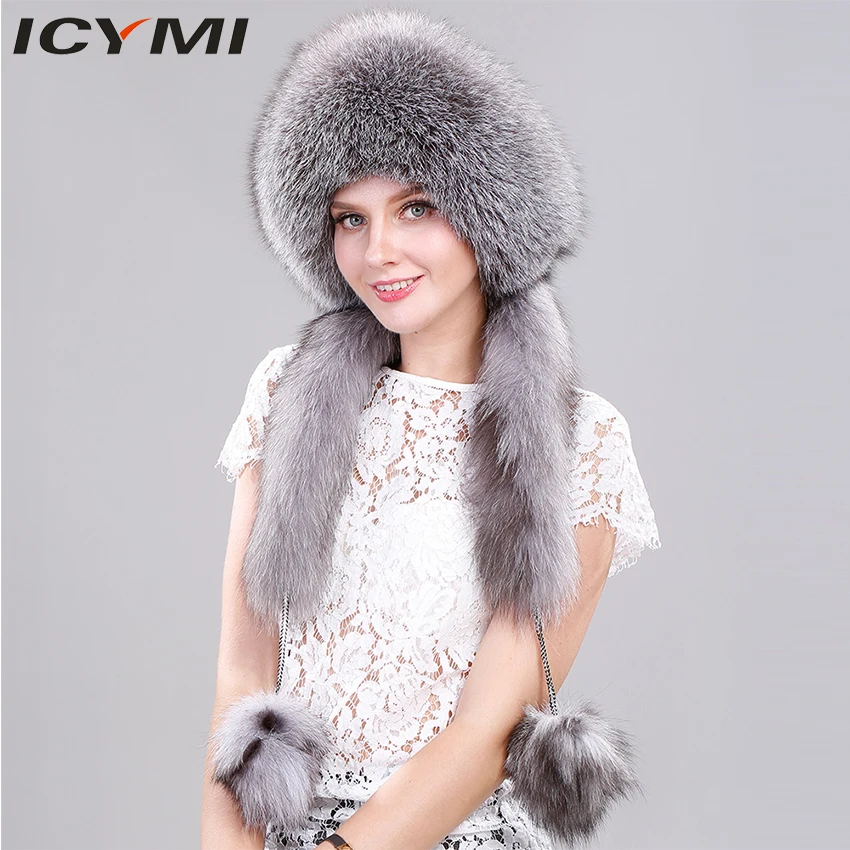 

ICYMI Women Winter Real Fox Fur Hat with Rabbit Top Newest 2018 Hats with Long Tail Pompoms Russian Trapper Hat Bombers Hat Caps