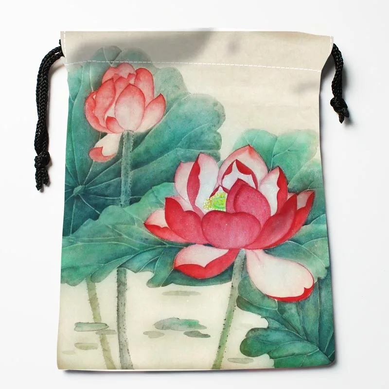 Лучшие Lotuses Рисованные Сумки на шнурке на заказ для хранения напечатанные приемные сумки компрессионные сумки размер 18X22 см сумки для хранения - Цвет: Черный