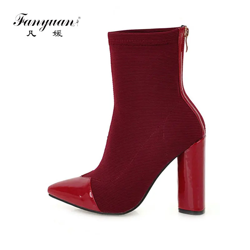 

fanyuan New Zipper Mixed Color Fashion Boots Women Pointed Toe ankle Boots Winter high heel party boots Casual botas mujer