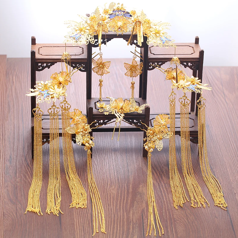 HIMSTORY Elegance Chinese Vintage Wedding Bridal Hair Accessory Traditional Gold Color Flower Bride Hair Combs Tiaras Hairwear