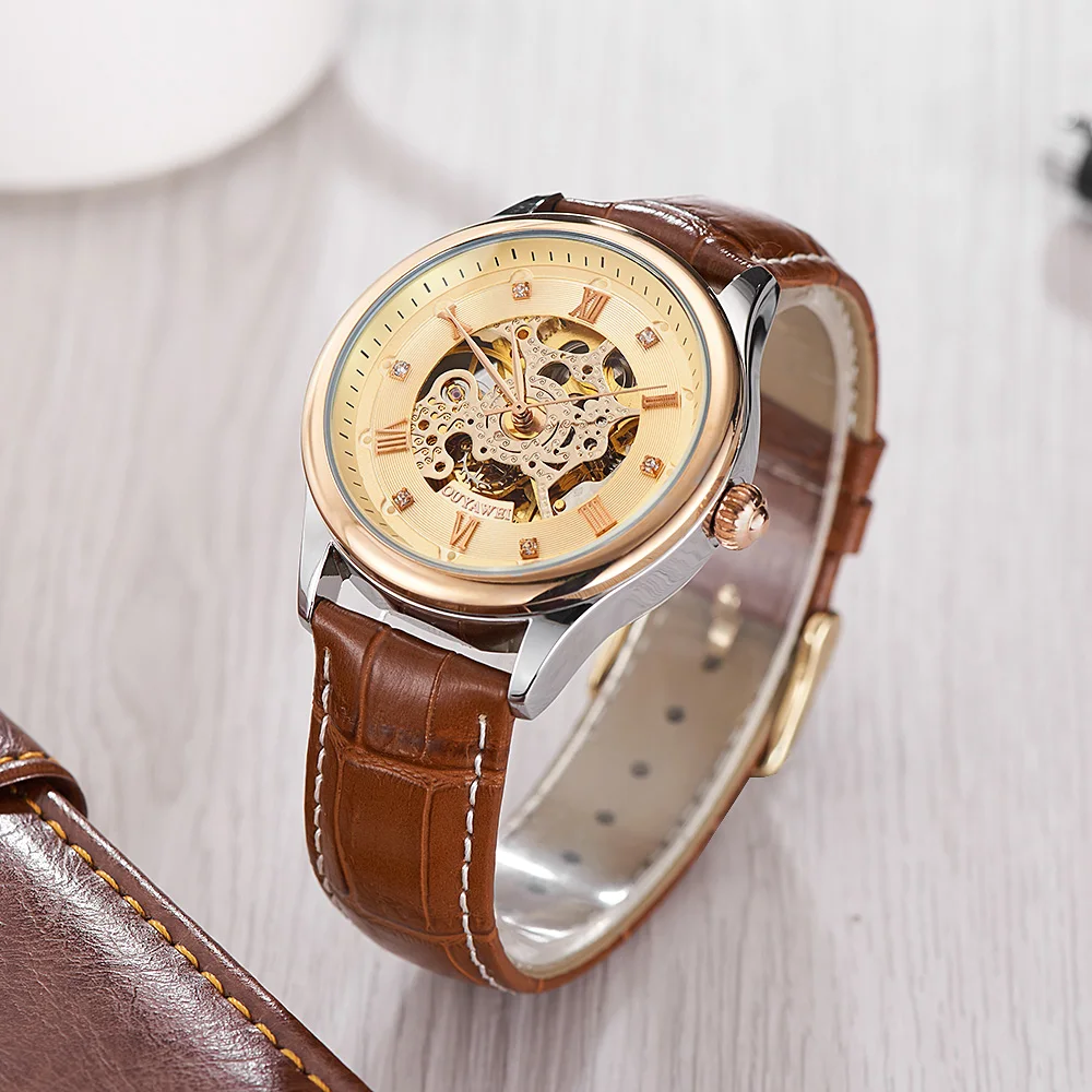 Мужские механические наручные часы скелетоны с автоподзаводом золотые кожаным