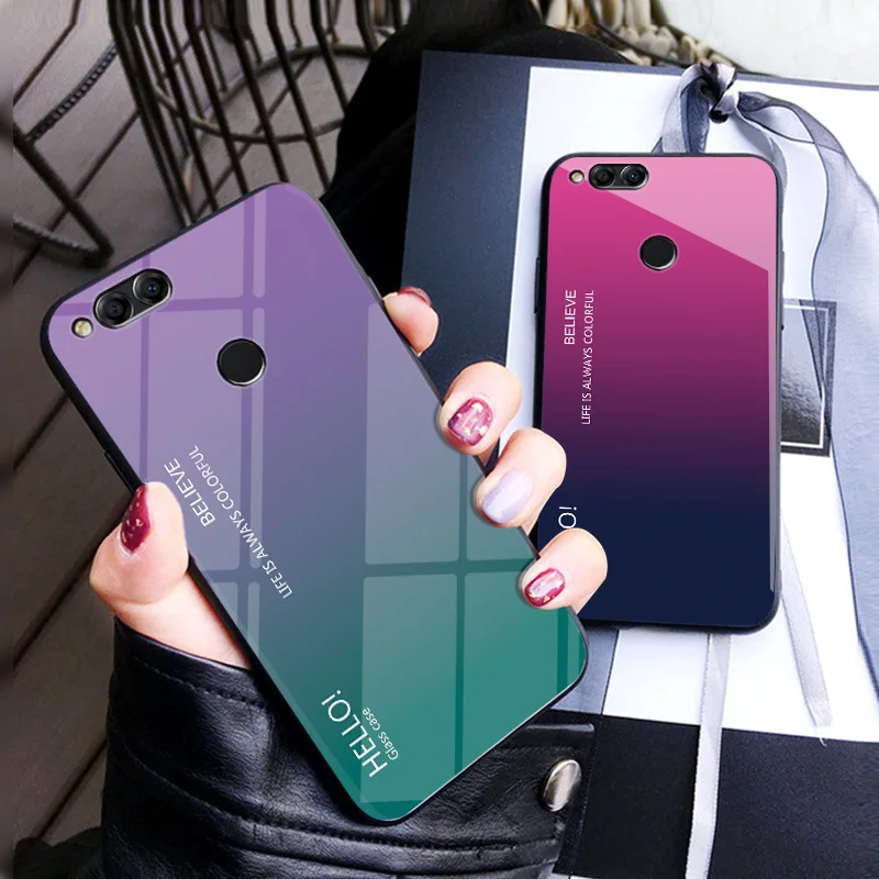 For Huawei Honor 7X Case Cover Glossy Tempered Glass Soft Silicone Frame Shockproof Hard Capa |