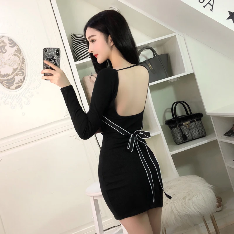 Весенние пикантные женская одежда выдалбливают Черный bodycon Платье Клуб Модные женские спинки платья для