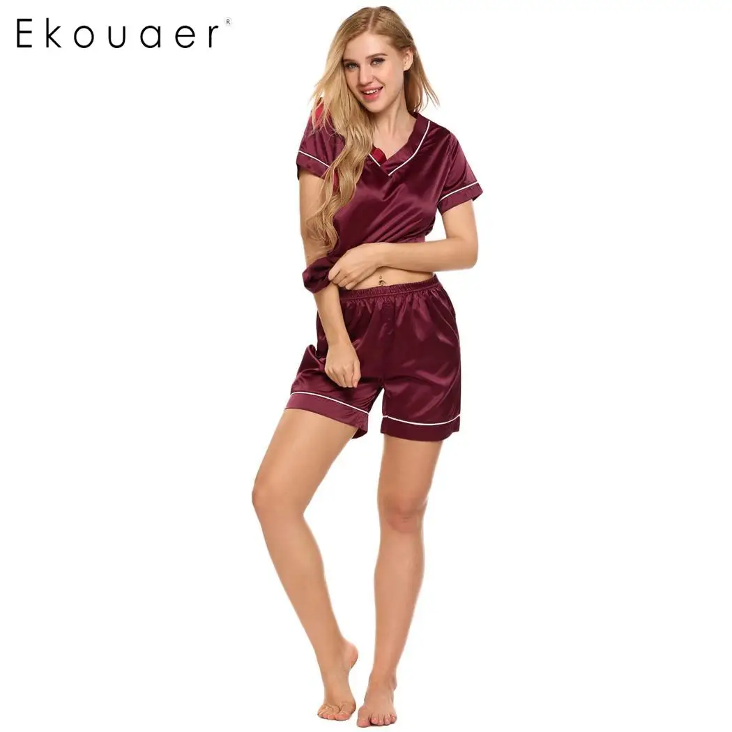 Ekouaer женский Атласный пижамный комплект топ с коротким рукавом и шорты
