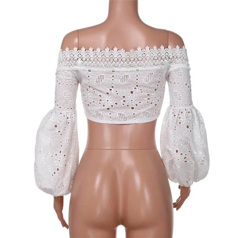 Женская кружевная блузка с открытыми плечами белая Свободная длинным рукавом