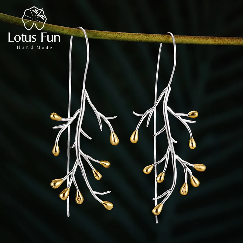 Lotus Fun, настоящее 925 пробы, серебряные серьги, натуральные, креативные, хорошее ювелирное изделие, массивное дерево, модные Висячие серьги для женщин, Brincos