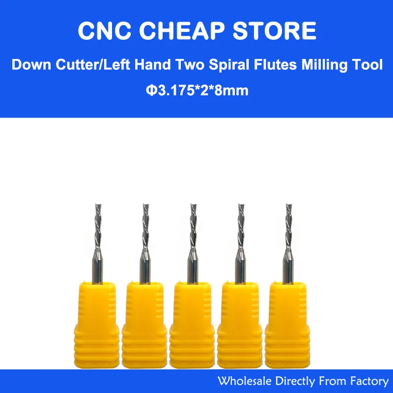 5pcs AAA Left Sprial DOWN Cut 3.175*2*8mm Two Flutes Spiral Carbide Mill Tool Cutters CNC Router Wood End woodworking Bit | Инструменты