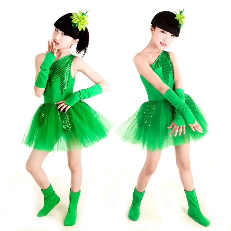 Children GREEN Latin Dance Skirt Show Performance Dress with Grass and Jasmine Flower Pattern Modern dress for Girls