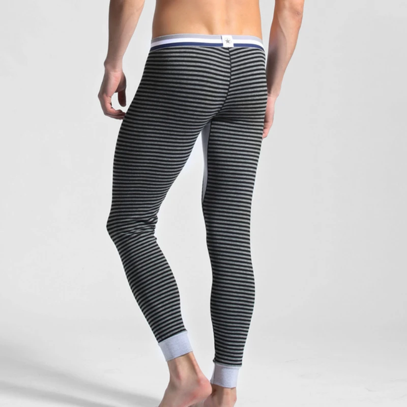 Зимнее осеннее мужское хлопковое термобелье полосатые кальсоны теплые