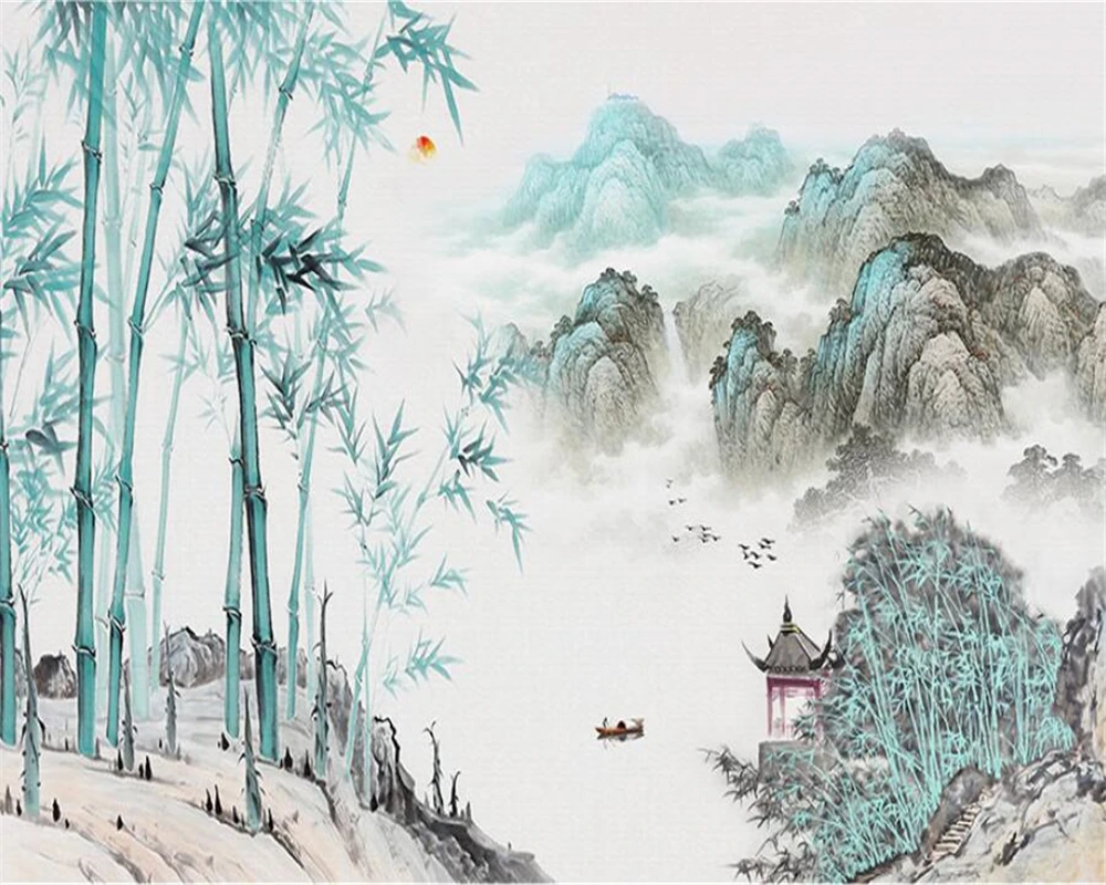 

Beibehang Custom silk fresco wallpaper abstract ink landscape bamboo living room background wall painting photo 3d wallpaper