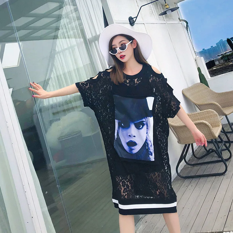 Vefadisa Appliques Dress for Women 2018 See-Through Clothing Off Shoulder Black Lace Short Sleeve Plus Size AD1638 |
