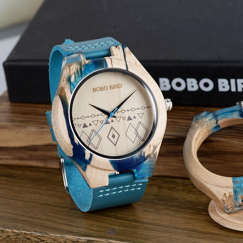 Часы BOBO BIRD reloj mujer женские часы деревянные бамбуковые наручные синие мягкие