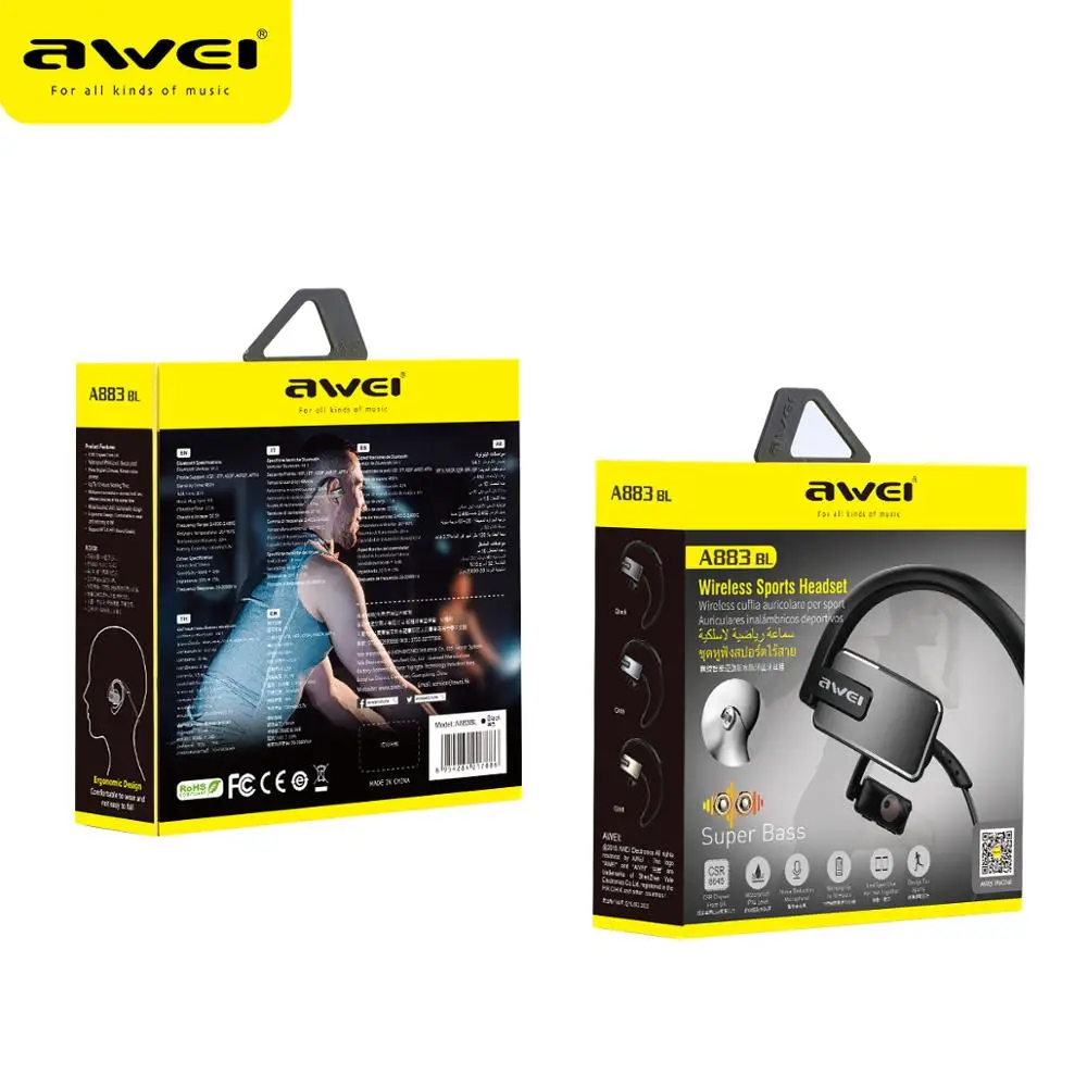 AWEI A883BL Bluetooth Headphone Wireless Earphone With Micr Stereo Sport Waterproof Noise Cancelling Headset Earphones Earbuds