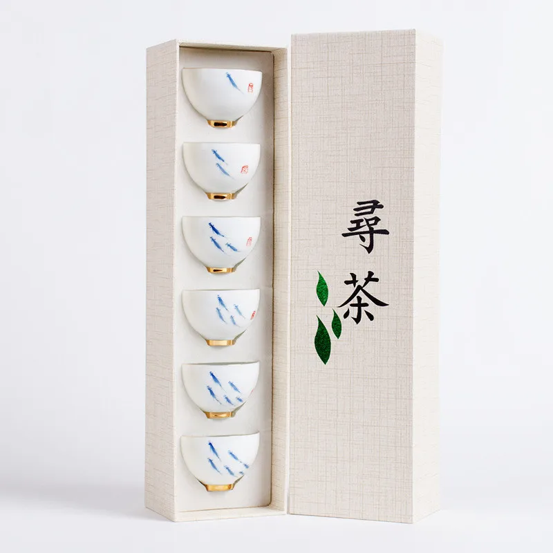 

6 pieces set gift box set Small tea cups Ceramic Pu'er Kung fu tea cups hand painted lotus thin tires tea mouth cup