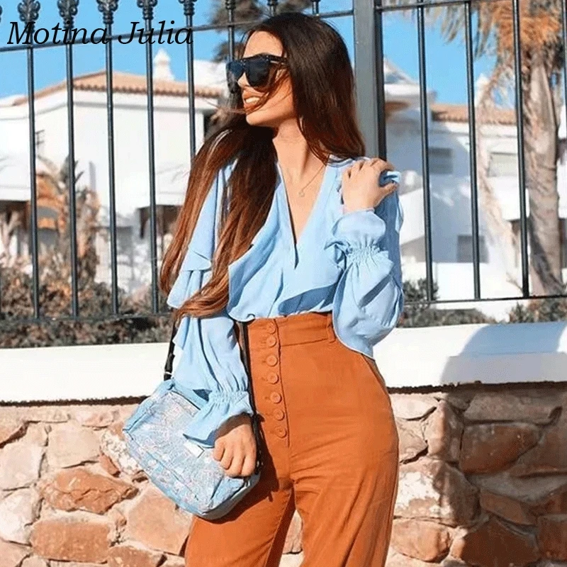 Мотина Юлия chic рюшами женские блузки рубашки 2019 Новинка весны v образным вырезом