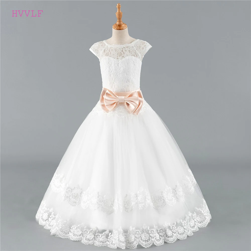 

Flower Girl Dresses For Weddings Ball Gown Cap Sleeves Tulle Lace Appliques Bow Long First Communion Dresses Little Girl