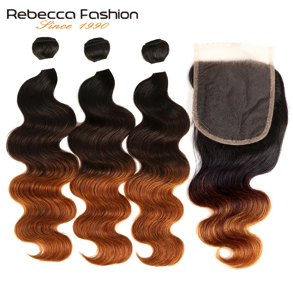 Rebecca Ombre Bundles With Closure 1B/4/30 Brazilian Body Wave Bundles With Closure Non Remy Human Hair 3 Bundles With Closure