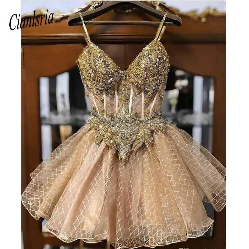 

2020 Champagne Beaded Crystals Homecoming Dresses Spaghetti A-line Lace Graduation Dresses Short Sexy Cocktail Party Gowns