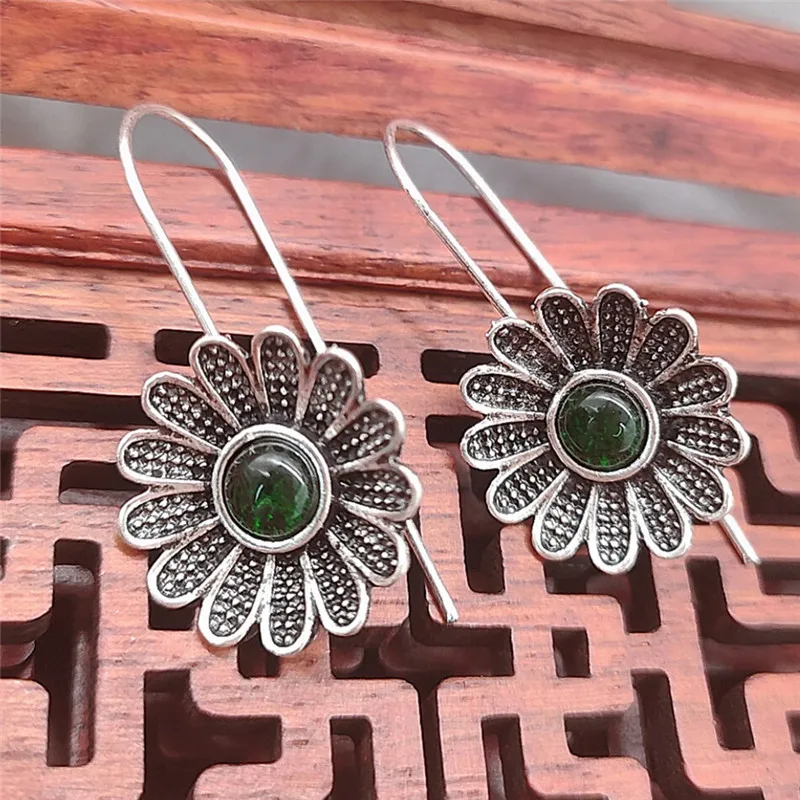 Классические Винтажные серьги в форме подсолнуха антикварные висячие с зеленым