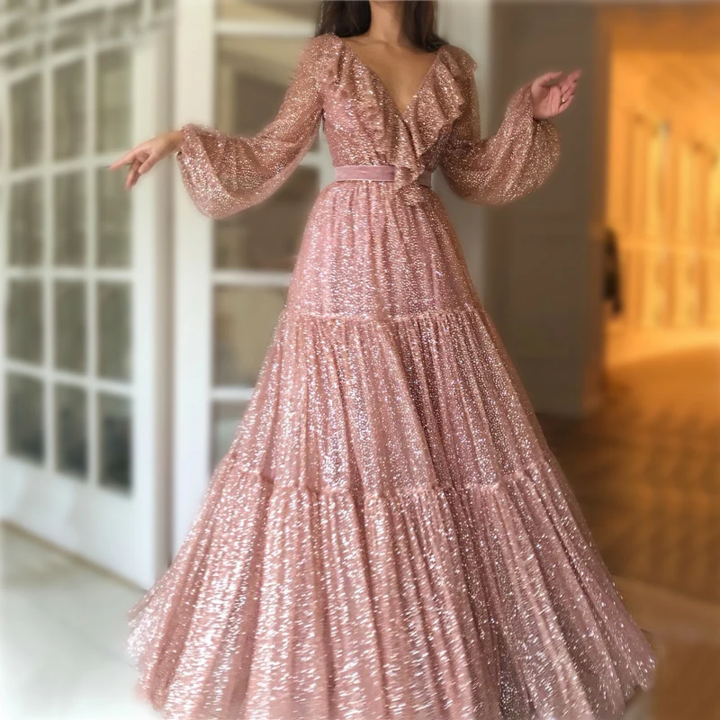 Women Rose Gold V-Neck Sweat Dresses New Long Sleeves Luxury Glitter Fashion Floor-Length Sequin Dress | Женская одежда