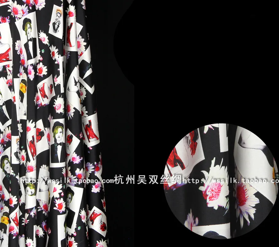 Designer 93% natural mulberry silk 7% spandex stretch satin clothing fabric black white Geometric dress cheongsam 1m U399 | Дом и сад