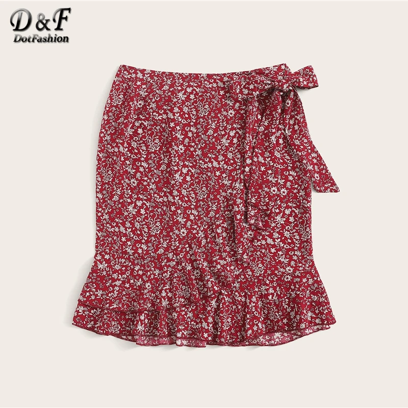 Dotfashion Женская облегающая юбка с цветочным принтом и рюшами на подоле, с бантом,, Boho, летние повседневные женские юные модные асимметричные юбки
