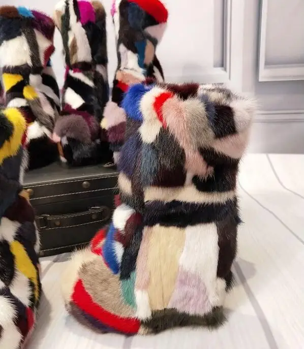 Женские кожаные ботинки до середины икры с натуральным мехом на плоской