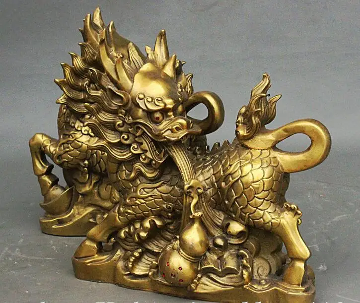10 &quotКитайский Фэншуй Чистая Латунь Дракон Kylin Единорог Косы RuYi Тыква Статуя Пара