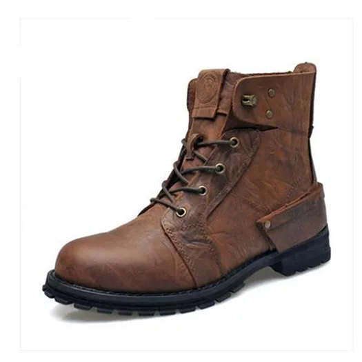 dark brown Военные ботильоны коричневый осень коренастый короткие армейские британский стиль марочный полнозернистая кожа боевые ботинки зашнуровать мода удобная обувь мужская удобные высокие сверху - Цвет: dark brown
