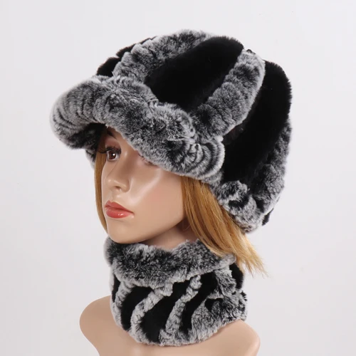 grey and black 2 Новое поступление Зимний Настоящий мех кролика шарфы головные уборы наборы для женщин вязанный натуральная шерсть шапка шарф Набор для женщин хорошая эластичная меховая шапка муфельная - Цвет: grey and black 2