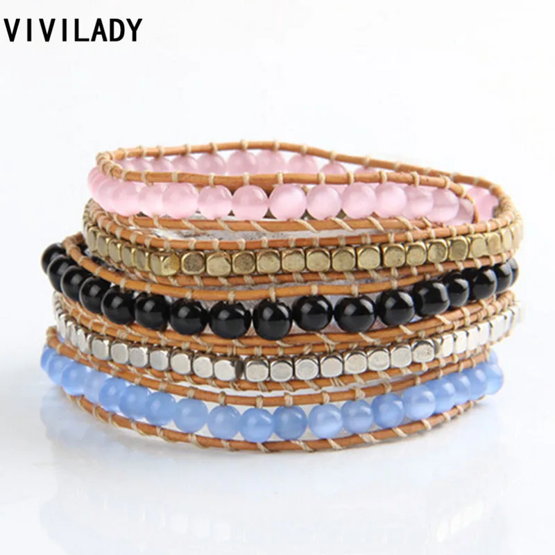 VIVILADY модный синий и розовый опал браслет ручной работы кожаный обернутый женский