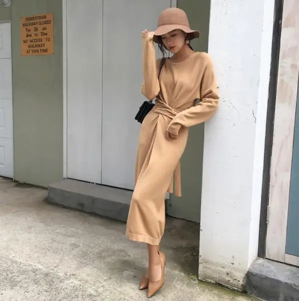 2019 Новое корейское короткое дизайнерское женское трикотажное платье длинный