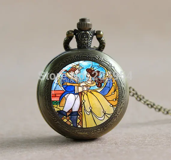 История Красавица и Чудовище карманные часы кварцевые медальон ожерелье 1 шт./лот