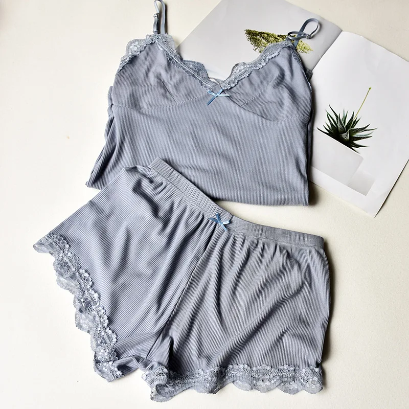 Cotton Women Sexy Pajamas Camisole &amp Panties Sets V-Neck Bundle Girls' Lady Sleepwear Spaghetti strap lace Underwear Big Size | Женская