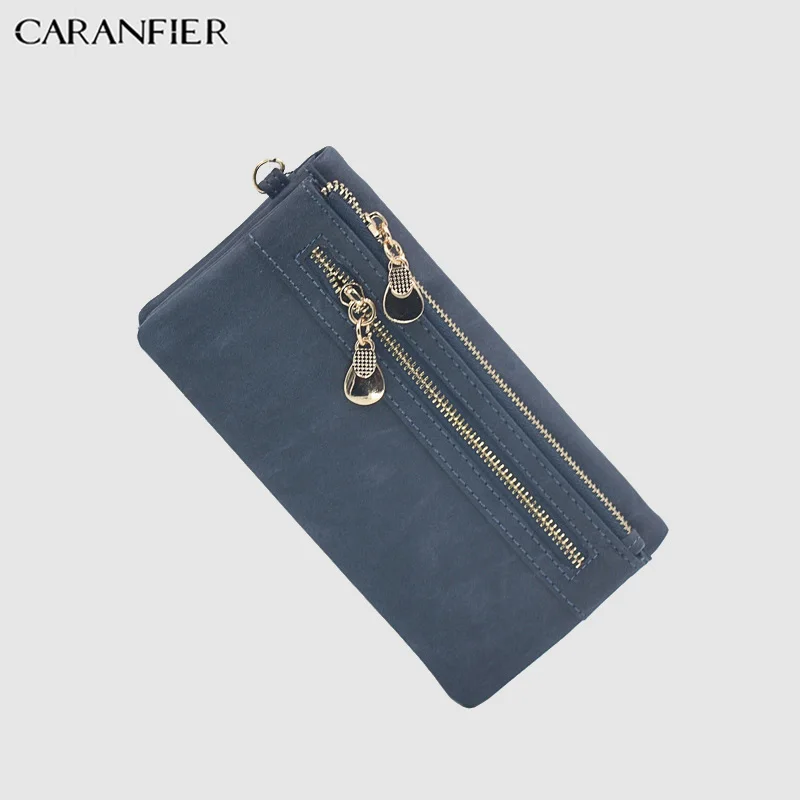 CARANFIER Женский кошелек из искусственной кожи, повседневный двойной клатч на молнии, Женский кошелек с ремешком, длинный, вместительный, модный кошелек для монет