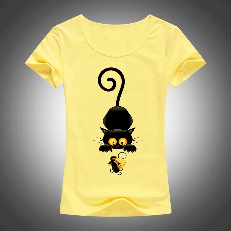 Новинка 2017 брендовая футболка с рисунком непослушного черного кота женская