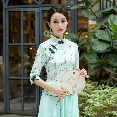 Sheng Coco Китайская традиционная одежда Hanfu женская рубашка Ципао Китай Mujer элегантная Древняя китайская блузка Чонсам Цветочные Топы - Цвет: green qipao top