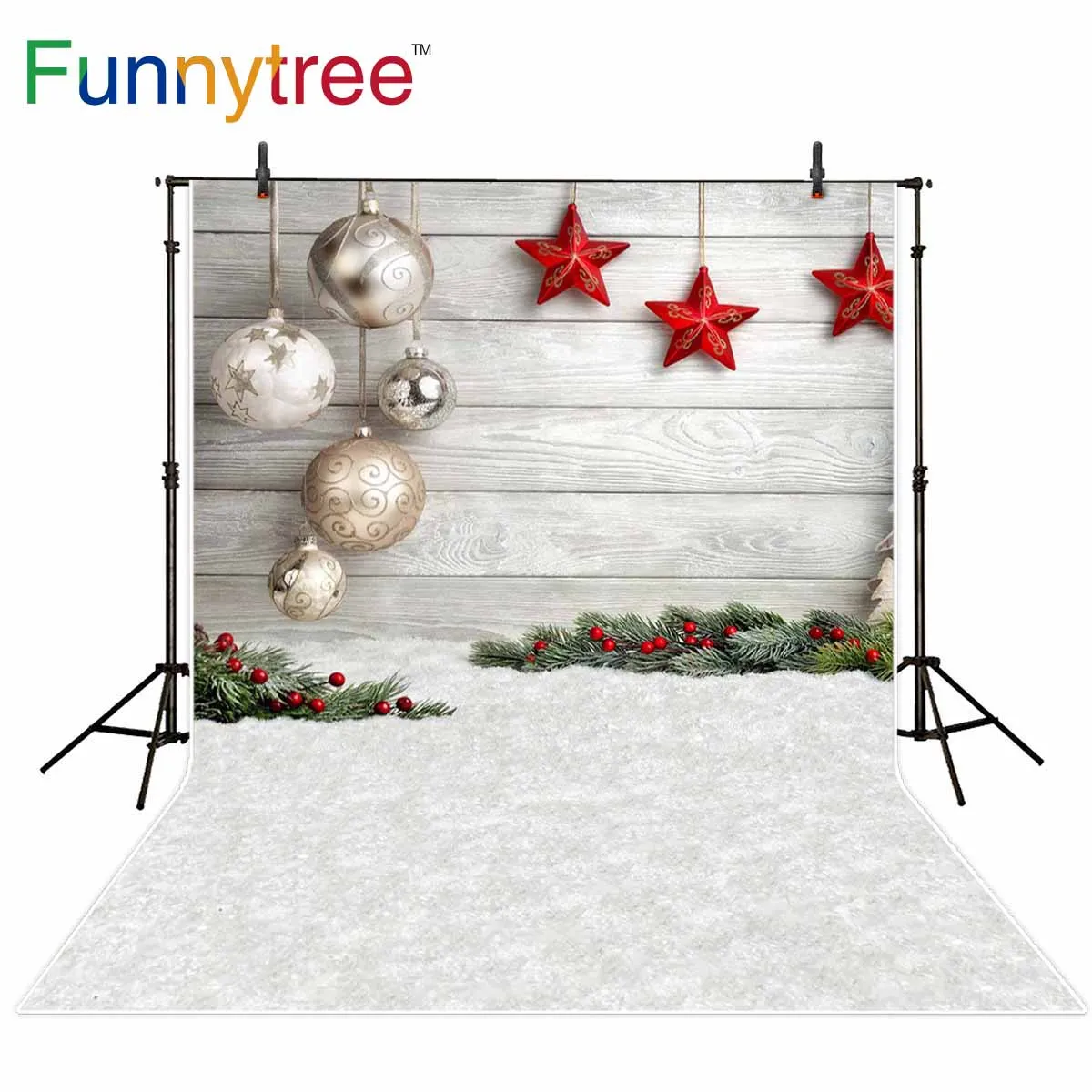 Фоны Funnytree для Рождества дерево фотографическая студия снег зимние яйца звезды украшения листья фото задний план фотозона винил.