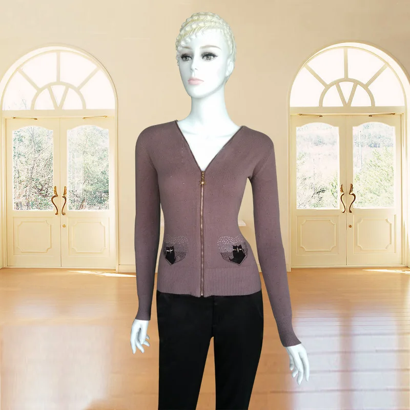 Женский приталенный свитер кашемировый вязаный пуловер на двойной молнии с