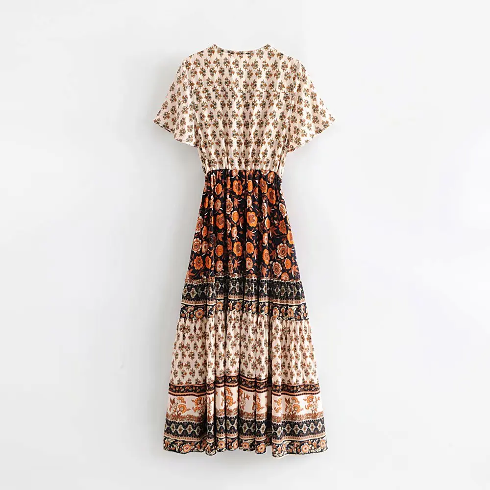 Женское длинное платье с v-образным вырезом и цветочным принтом в стиле пэчворк