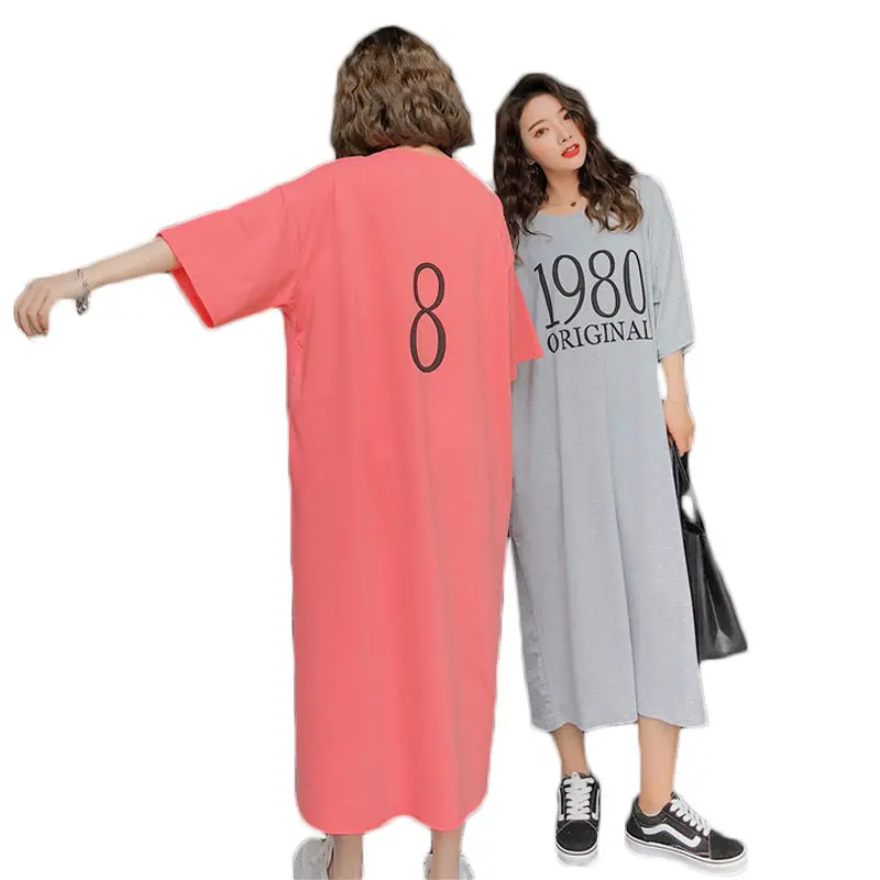 Женское Хлопковое платье футболка Свободное длинное большого размера для