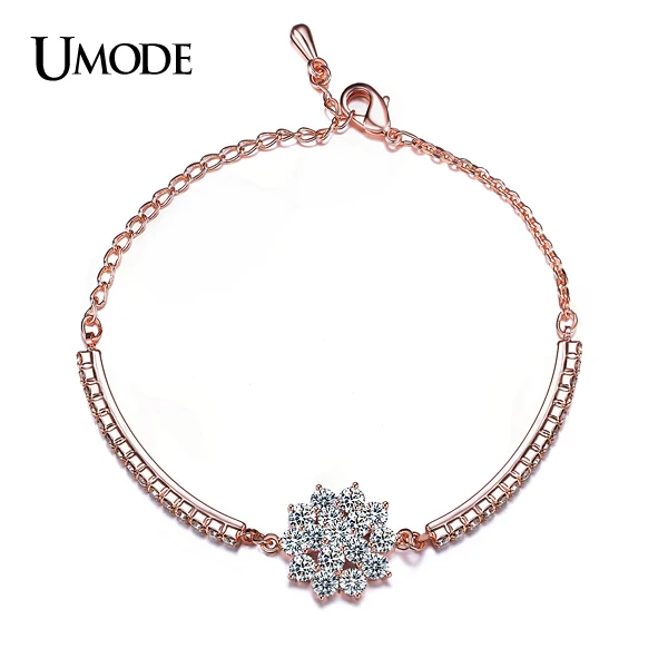 Umode цепь стразами чашки и 16 шт. сверкающие кубического циркония цветок браслет 18 К роуз позолоченные ювелирные изделия для женщин UB0040A