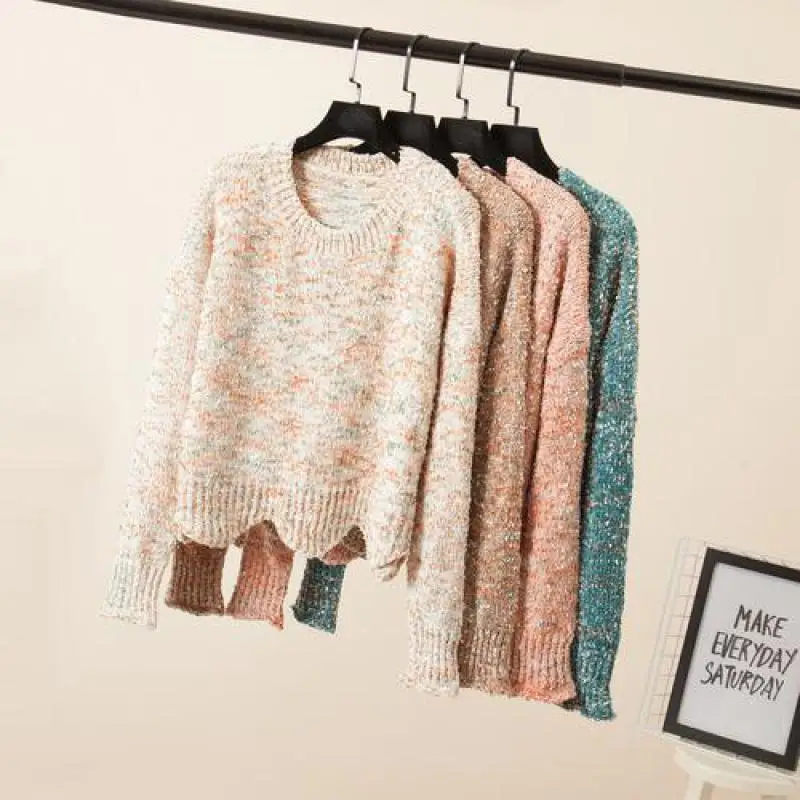 Womens Autumn Winter New Lazy Long Sleeve Short Sweater 2019 Females Fashion Trend Wavy Edge Mixed Color Chenille Sweaters | Женская