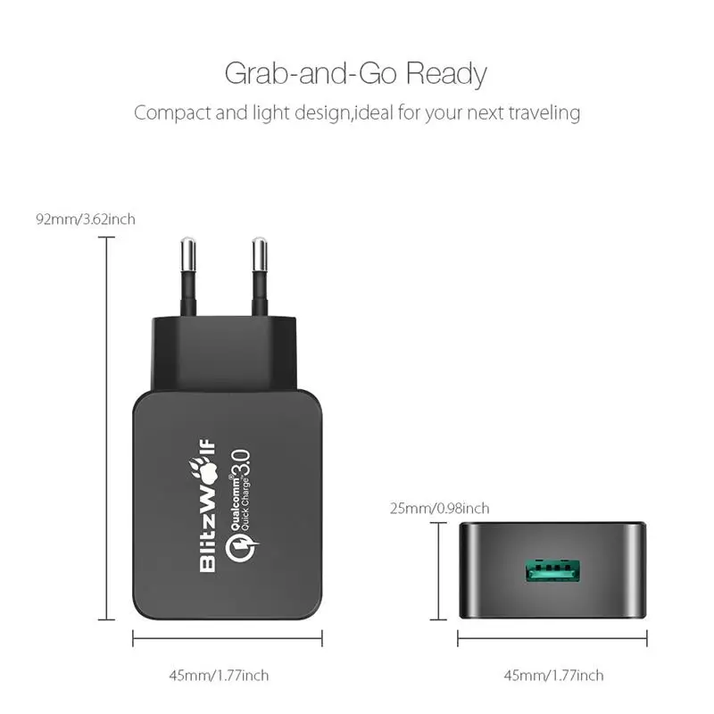 BlitzWolf QC3.0 сертифицировано 18 Вт USB зарядное устройство ЕС адаптер с Power3S Tech для Xiaomi для samsung Chagers для iPhone