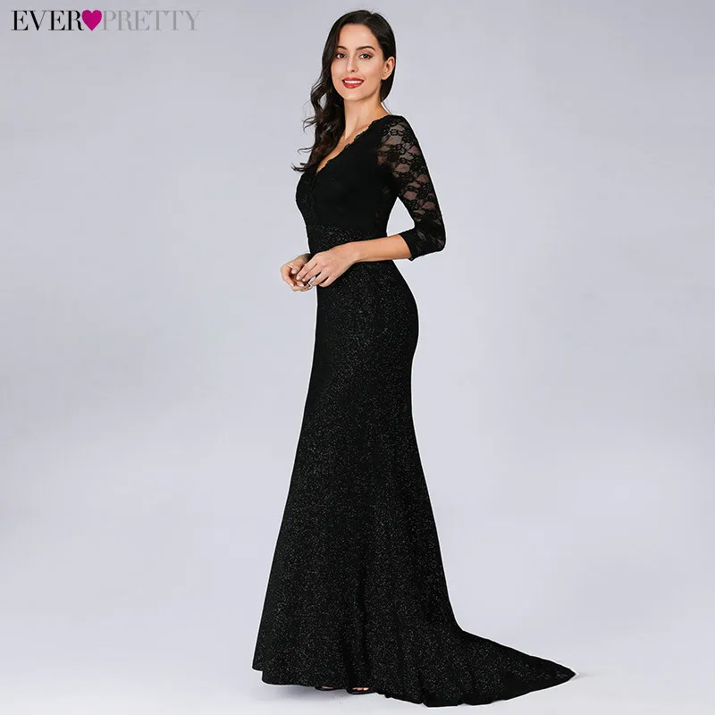 Черные длинные платья для невесты Ever Pretty Женщины Элегантный 3/4 рукав кружева v-образным вырезом русалка выпускного вечера свадебные праздничные платья